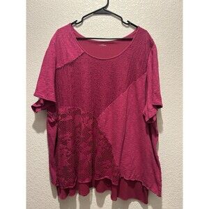 Catherines Blouse Size 3X Pink Lace Lined Short Sleeve Stretch Mixed Media